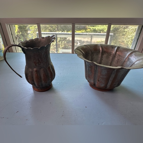 Antique Hand Hammered Fluted Tinned Copper Egyptian Bowl & Pitcher Decor Egypt - Picture 2 of 9